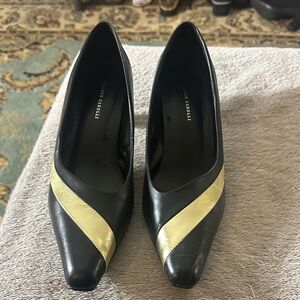 FRANCO CAROLLI black and gold Leather Pointy  square Toe Heeled Shoes 9